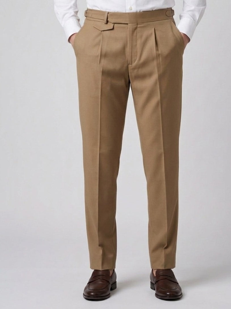 Camel Khaki Gurkha-Inspired Pleated Trousers