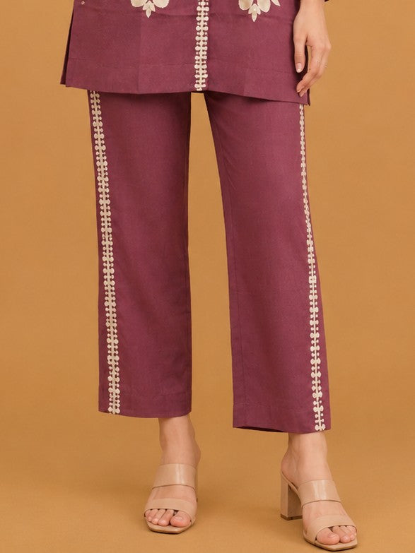 Women's Wine Floral Embroidered Premium Co-ord Set