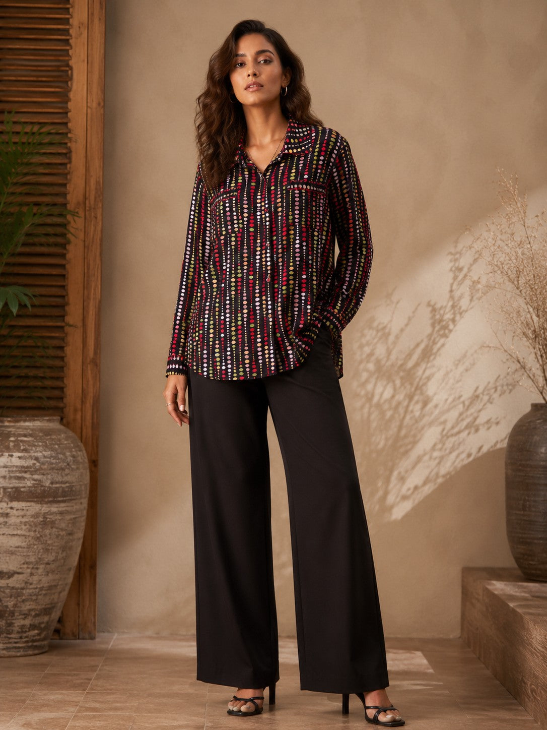 Women's Multicolor Dotted Print Black Casual Shirt
