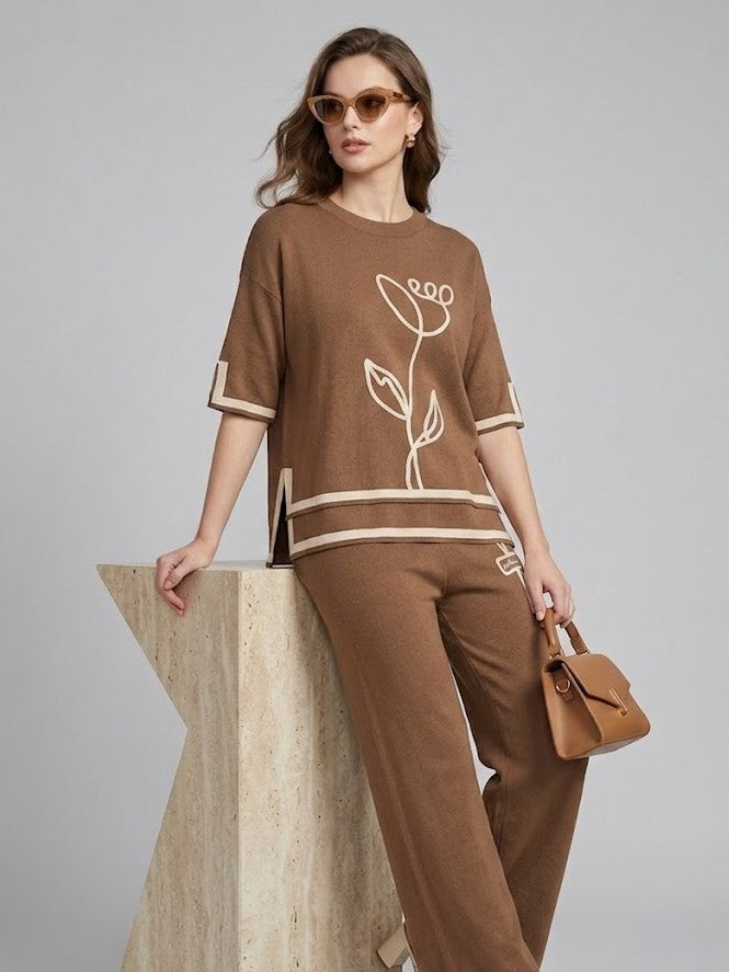 Women’s Brown Knit Co-Ord Set with Floral Line Art Print – Relaxed Fit Top & Pants