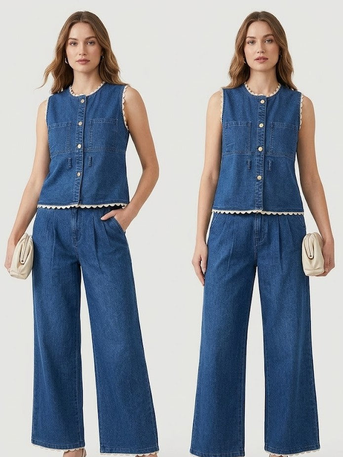 Women’s Blue Denim Co-Ord Set with Sleeveless Button-Down Top & Wide-Leg Jeans