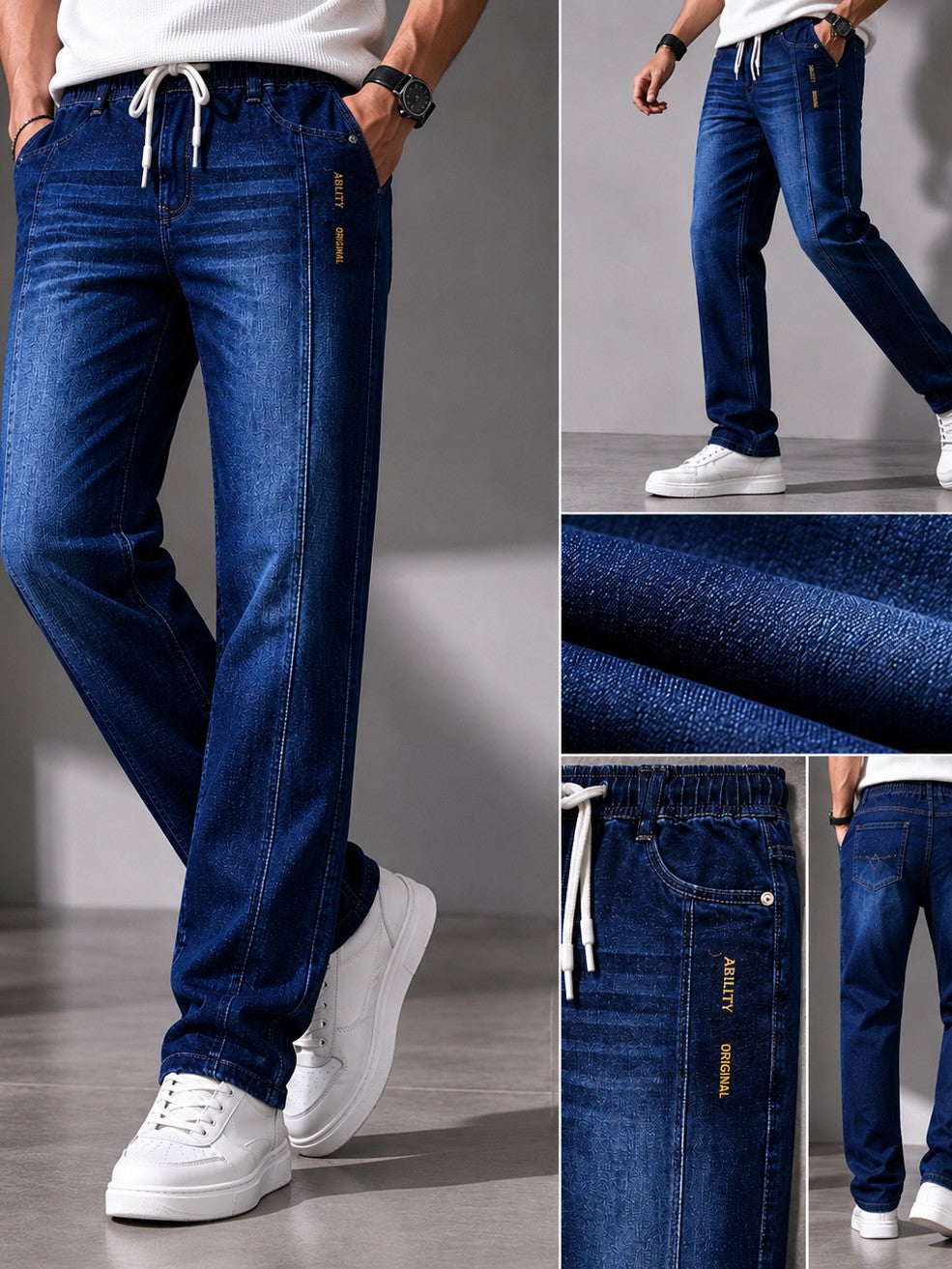 Men's Dark Blue Drawstring Comfort Fit Jeans
