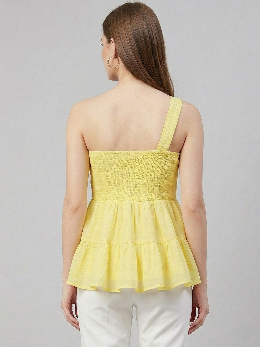 Women’s Pastel Yellow One-Shoulder Peplum Top – Elegant Ruffle Hem Sleeveless Blouse